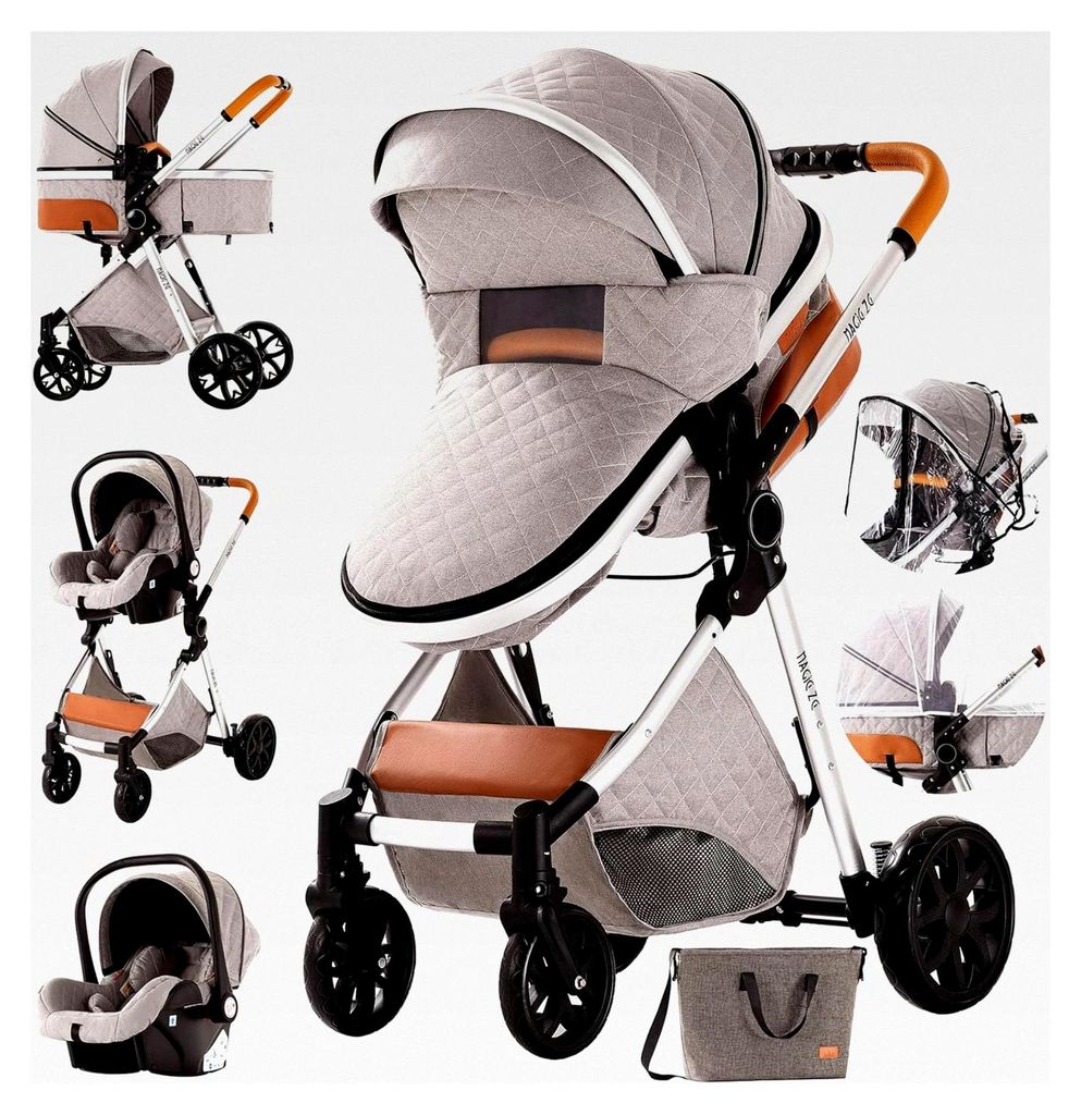 3-in-1 Kinderwagen mit umkehrbarem Doppelschiebemodus und großer, bequemer Babywanne, faltbarer Aluminiumrahmen für hohe Landschaft (225 Hellgrau)