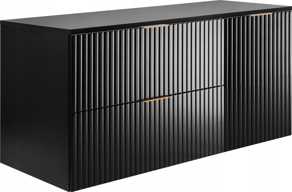 Rodan | Badezimmerschränke 120cm | Schwarz Matt - Holz | B/H/T 120/57/46 cm | Geriffelte Türen - Schwarze Platte - Badmöbel - Badschrank