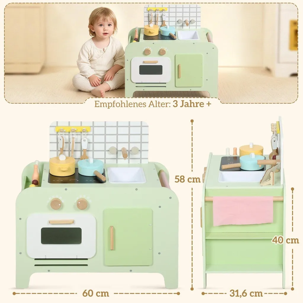 Cuisine jouet en bois MDF vert, set de 15 pièces, format compact 40cm - 3