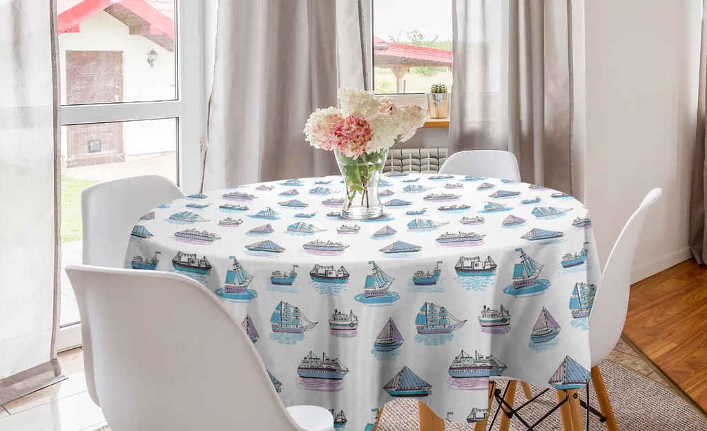 ABAKUHAUS Tovaglia rotonda Marine, barche a vela acquerellate, tovaglia circolare per sala da pranzo, decorazione cucina, 150 cm, blu azzurro lilla