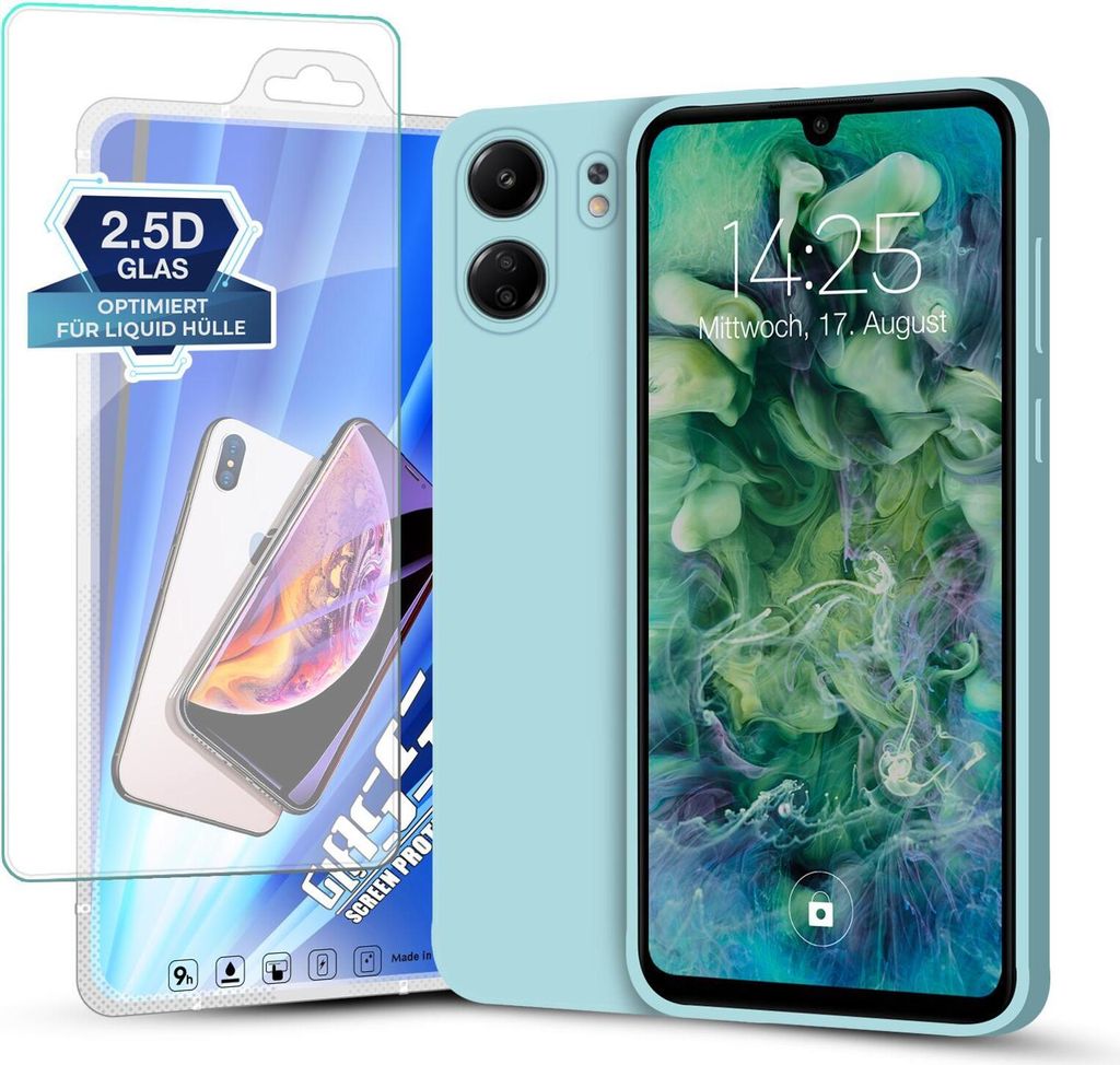 Hülle für Xiaomi Redmi 13C mit 9H Displayglas Displayschutz Plus Case Cover Bumper Silikon Softgrip Schutzhülle Farbe: Hellblau