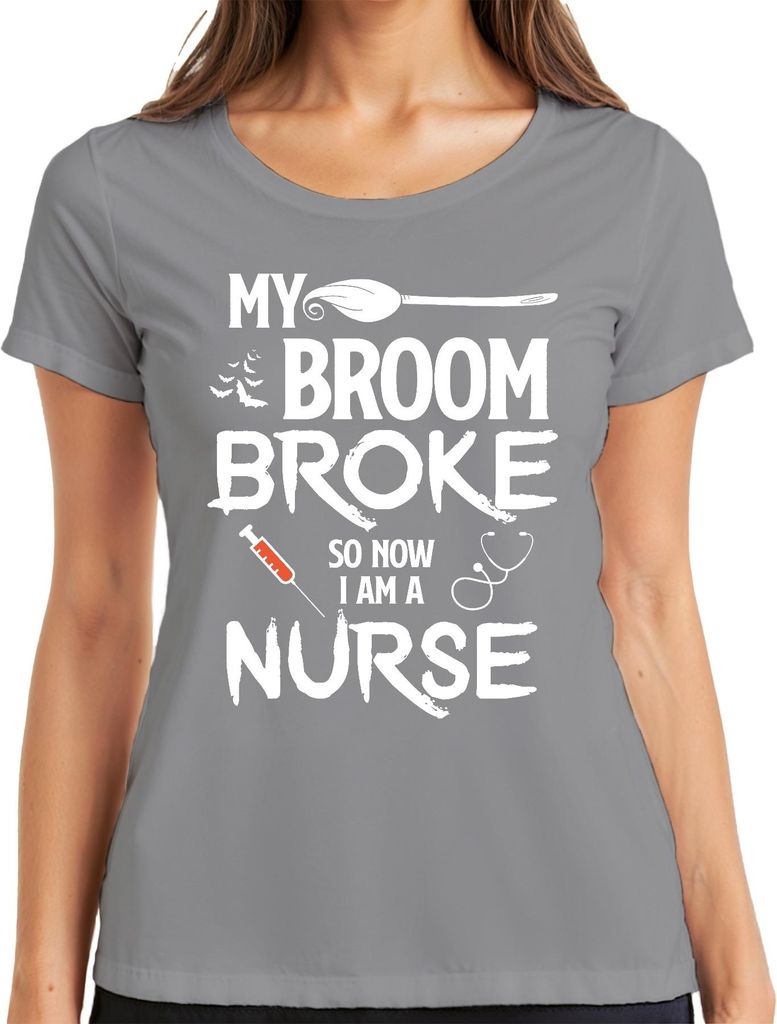MY BROOM BROKE Halloween Krankenschwester Geschenk Lustig Hexe Damen T-Shirt, Grau, M