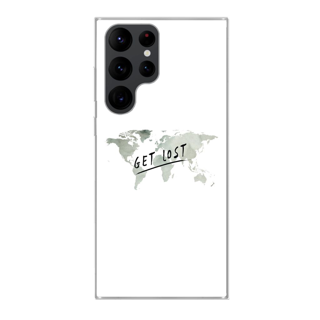 MuchoWow Handyhülle Schutzhülle Hülle für Samsung Galaxy S22 Ultra Weltkarte - Grau - Zitat Silikon Softcase Handy Hülle - Abbildung