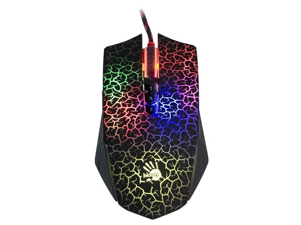 A gaming mouse with colorful LED lighting.