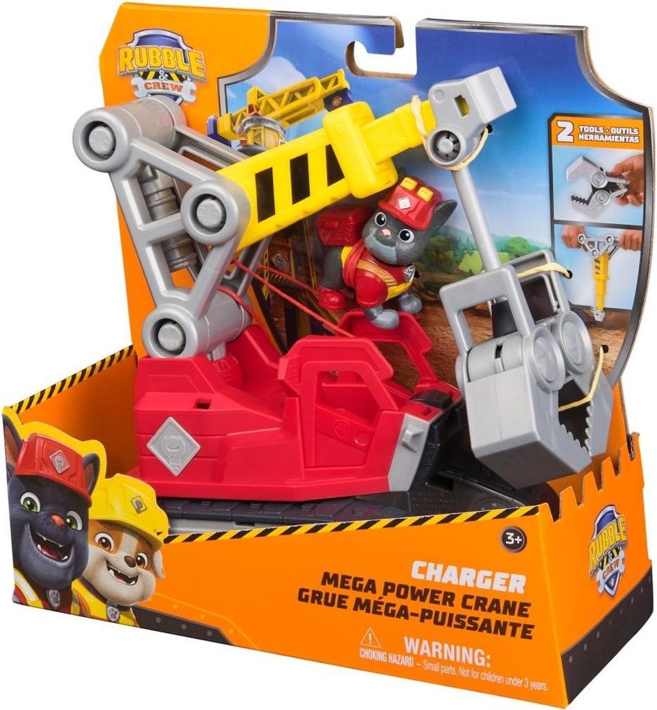 Rubble & Crew - Chargers 2-in-1 Mega Kran (mit abnehmbarer Baggerkralle, Presslufthammer und Charger Hundefigur)