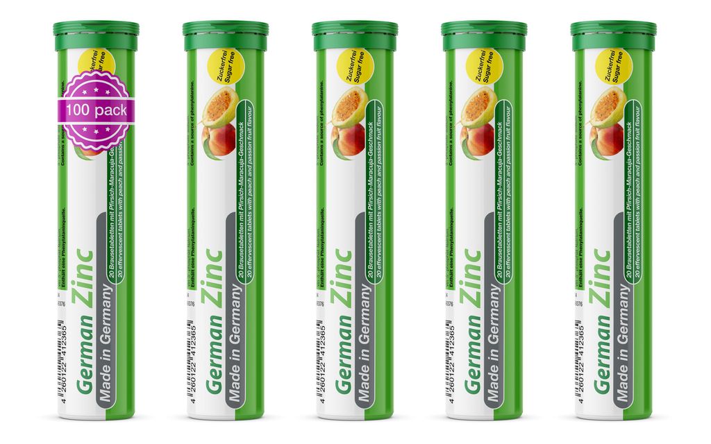 German Zink Brausetabletten 5x20 Stk. Pfirsich-Maracuja Geschmack - 5 mg Zink Zuckerfrei - T&D Pharma – Germany