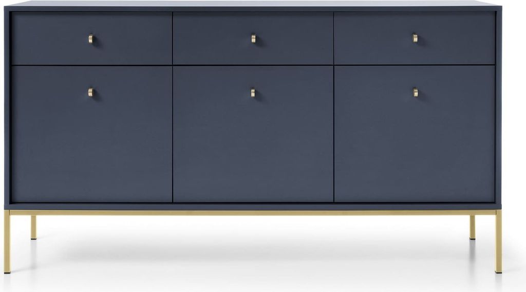 Moderne Kommode Highboard Sideboard Schrank, Goldene Türgriffe, Wohnzimmer, Esszimmer, Flur & Diele - 154 x 83 x 39 cm Melody III Dunkelblau + Gold