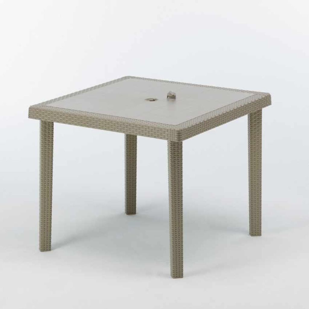 A square outdoor table with a woven rattan-like base and a smooth top, shown against a white background.