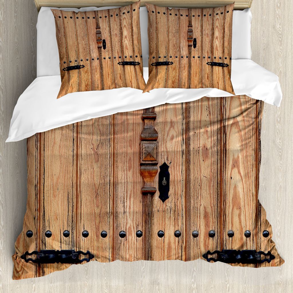 ABAKUHAUS Rustikal Bettbezug, Tür mit Eisen Detail, Milbensicher Allergiker geeignet mit Kissenbezügen, 155 cm x 220 cm - 80 x 80 cm, Hellbraun