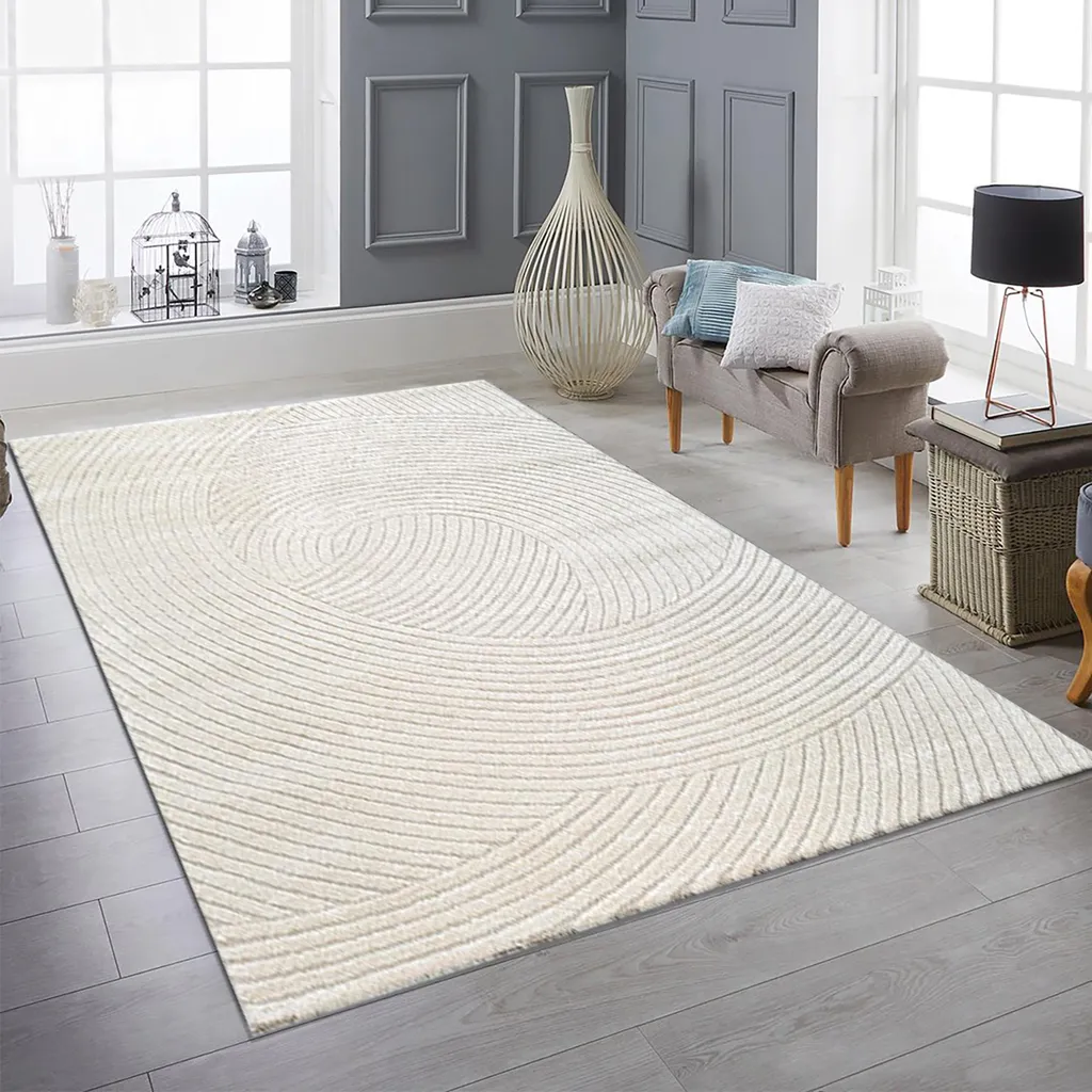 Tapis pour grand salon crème à effet 3D vagues 200x290 cm cosy