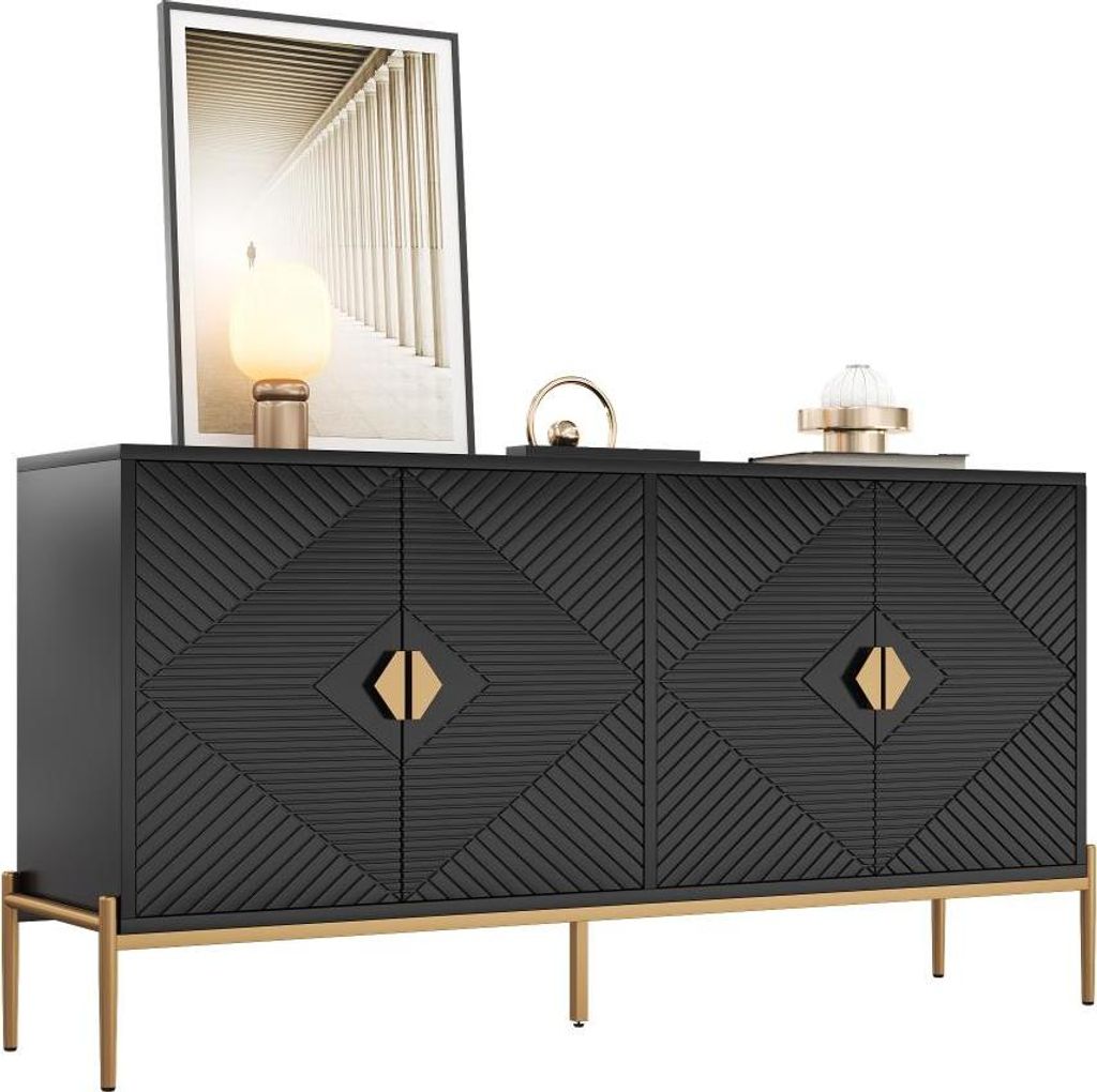 AIORBER Kompaktes Sideboard mit 4 Türen, viel Stauraum und geometrischer Front, Schrank für Wohnzimmer/Esszimmer/Eingang, Schwarz