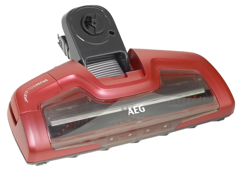 A red and black vacuum cleaner floor head with the AEG logo visible.