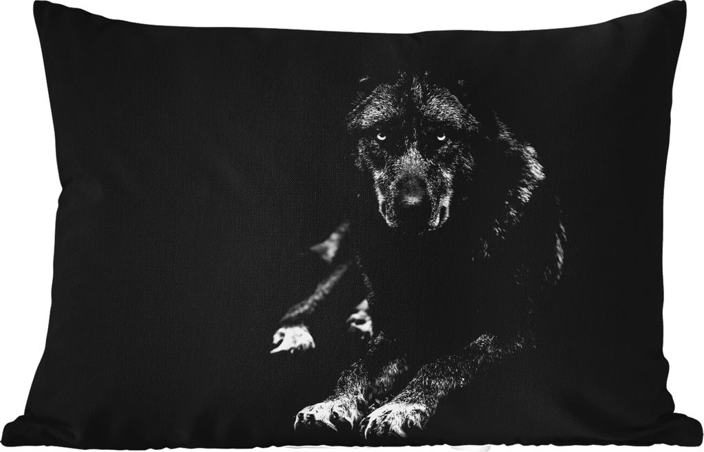 MuchoWow Outdoor Kissen - Tiere - Wolf - Schwarz - Weiß - Porträt - 50x30 cm - Wetterfest - Lounge Kissen - Sofa kissen - Wohnzimmer Dekoration