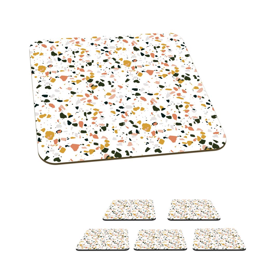KitchenYeah Glasuntersetzer Quadratisch 6er Set Rosa - Schwarz - Terrazzo - Muster 10x10 cm Untersetzer für Gläser - Getränkeuntersetzer - Ti...
