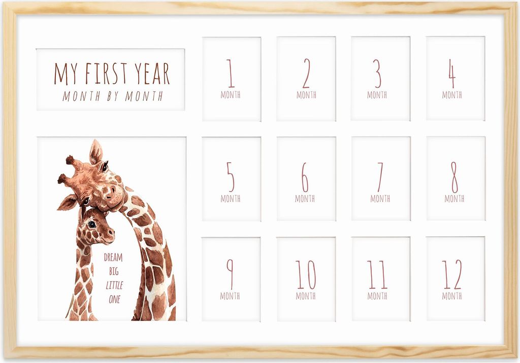 FRAMAI Bilderrahmen Das Erste Jahr, Monat für Monat Fotocollage, 40x60 cm, Rechteckig, Modern Rustikaler Stil, Giraffen-Design, Kinderzimmer Dek...
