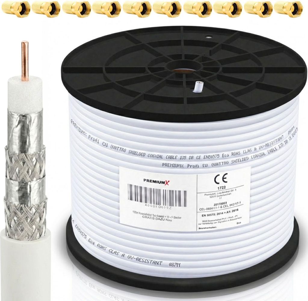 PremiumX 100m PROFI Koaxialkabel 135dB CU 4-fach Antennenkabel 10x F-Stecker