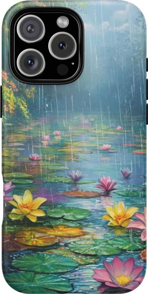 Bunte Lotusblüten im Regen – Handyhülle Kompatibel mit iPhone 16 Pro Max