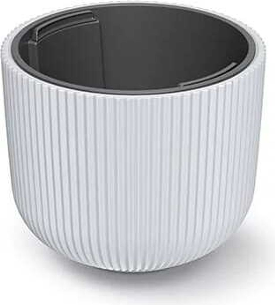 A white ribbed planter with a dark gray interior.