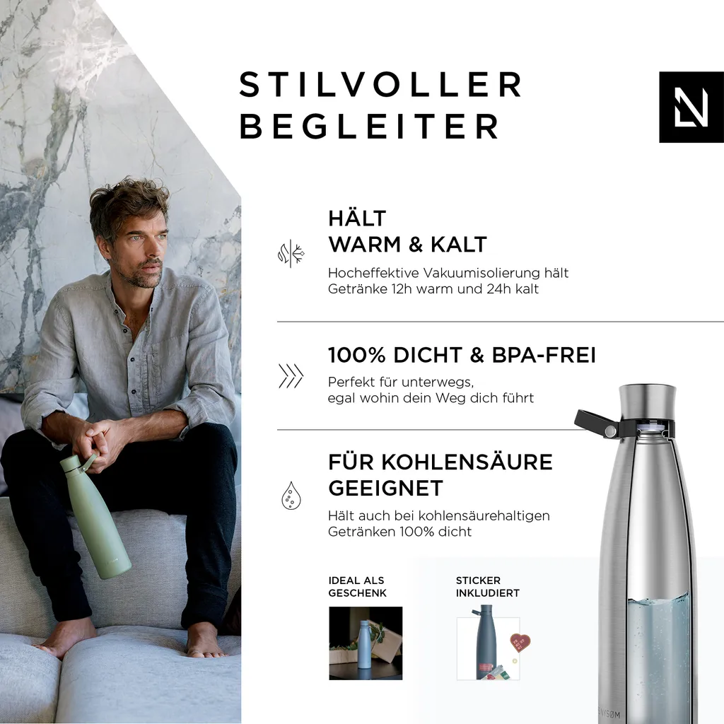 LARS NYSØM Borraccia Sportiva 1L | Acciaio Inox Termico Anti-Perdita