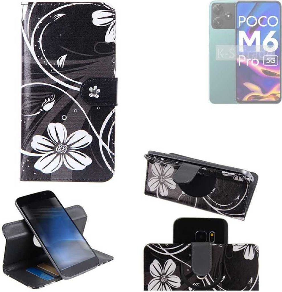 K-S-Trade Schutzhülle Handyhülle kompatibel mit POCO M6 Pro 5G Hülle 360° Wallet Case “Flowers“ Klapphülle Hülle schwarz-weiß 1x