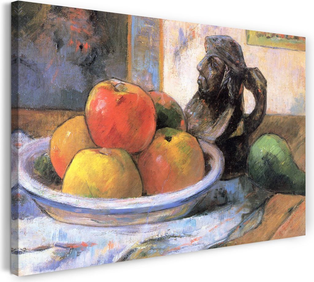 Leinwandbild (100x70cm): Paul Gauguin - Stillleben mit Äpfeln, Birne und Keramik, echter Holz-Keilrahmen inkl. Aufhänger, handgefertigt in Deutsc...