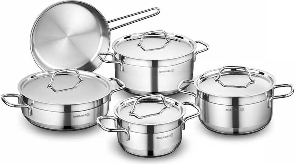 KORKMAZ ALFA 9tlg Edelstahl Kochtopfset, Topfset, Pfannenset, 4 Töpfe + Pfanne