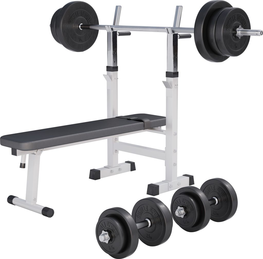 GORILLA SPORTS Hantelbank - inkl. Hantelset 70g, Ablage, Dip-Station, Höhenverstellbar, Klappbar, bis 200kg, Weiß - Trainingsbank mit Langhante...