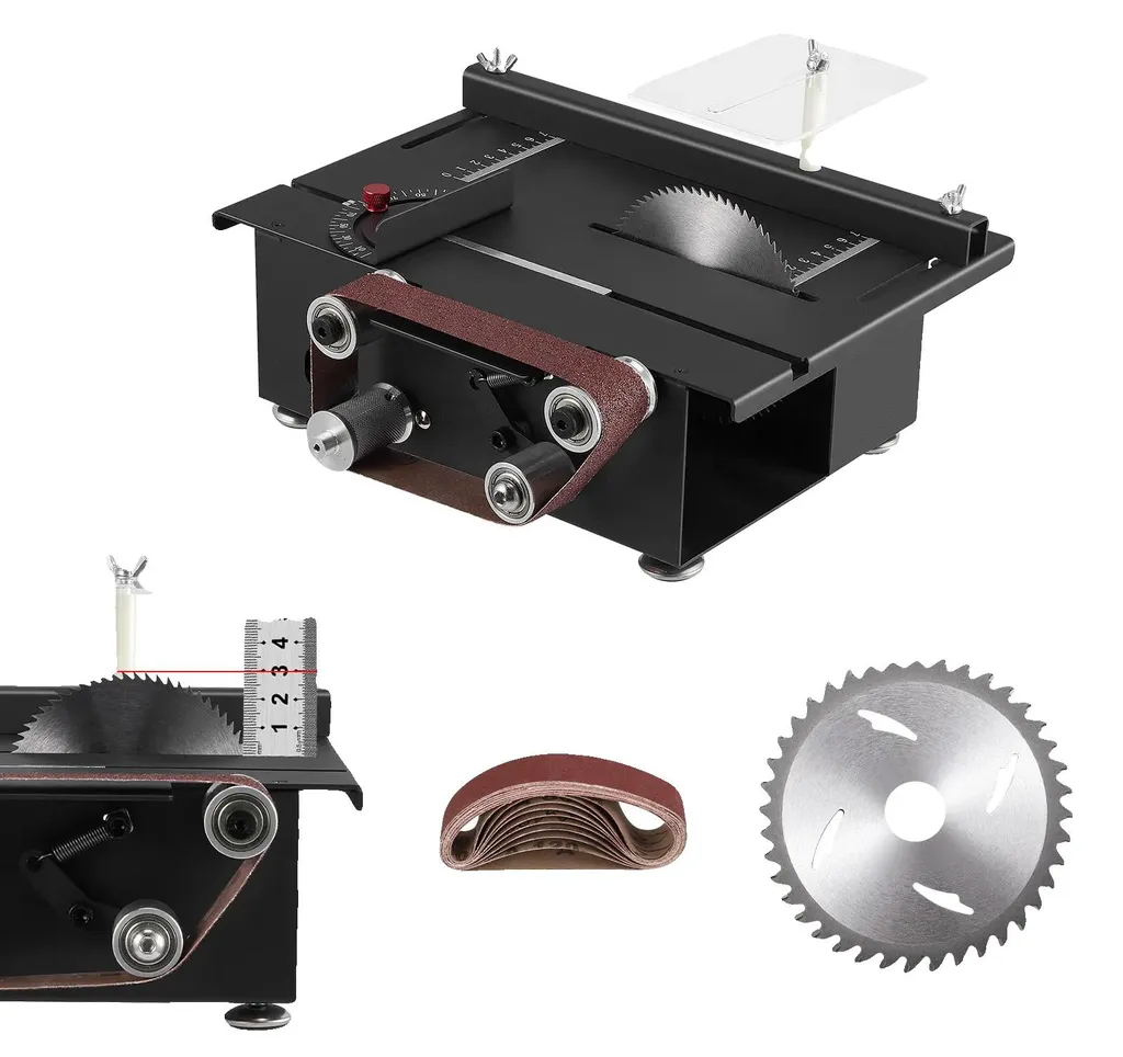 Mini scie à table et ponceuse à bande, kit 4 lames, coloris noir mat