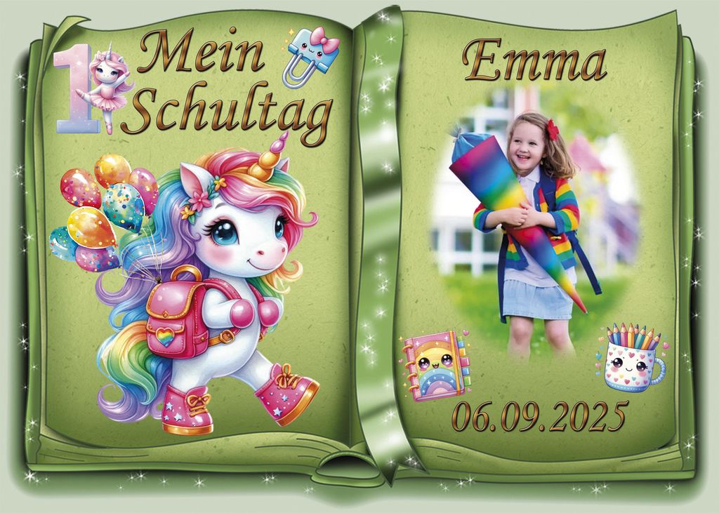 Tortenaufleger Tortendeko Fototorte Tortenbild Einhorn Regenbogen Einschulung Schulanfang 1. Schultag Schuleinführung SE07 (Zuckerpapier) DIN A5 m...