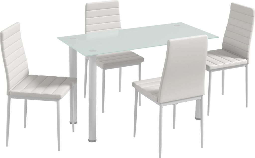 Moderne 5-tlg. Esstischgruppe mit 4 Stühlen, Glastisch Weiß, Esszimmer Set