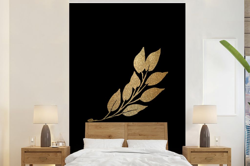 MuchoWow Fototapete für Wohnzimmer oder Schlafzimmer Wandtapete Vinyl Motivtapete Blätter - Gold und Schwarz - Zweig - 195x300 cm - Das Hinterg...