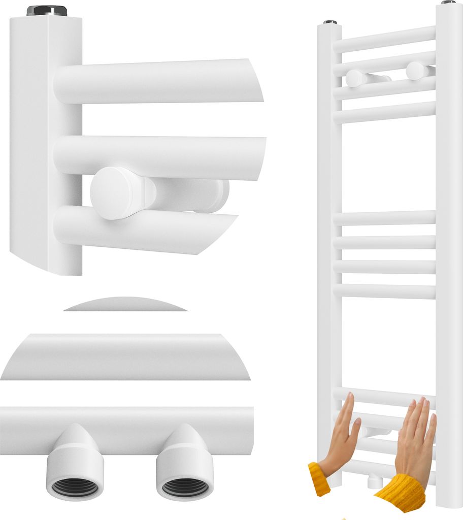 A white towel radiator is shown in a studio setting, with a close-up of its mounting hardware and connections at the bottom left. Two hands wearing yellow sleeves are shown interacting with the radiator on the right side.