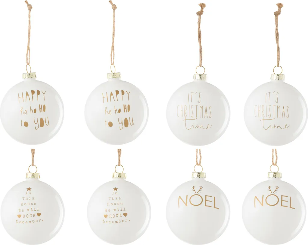 Lot de 8 Boules de Noël en Verre Blanc et Or Décorées pour Sapin