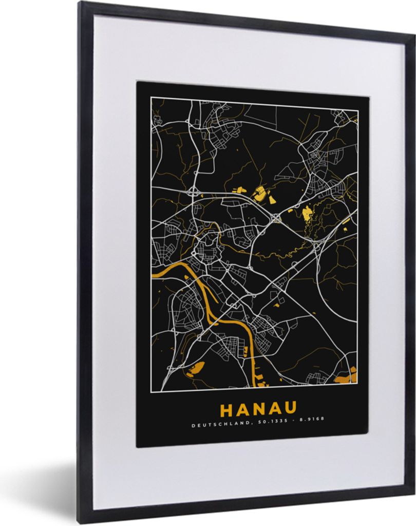MuchoWow Gerahmtes Poster Hanau - Karte - Gold - Deutschland - Stadtplan 30x40 cm - Poster mit Schwarzem Bilderrahmen Wandposter Rahmen Foto Bild...