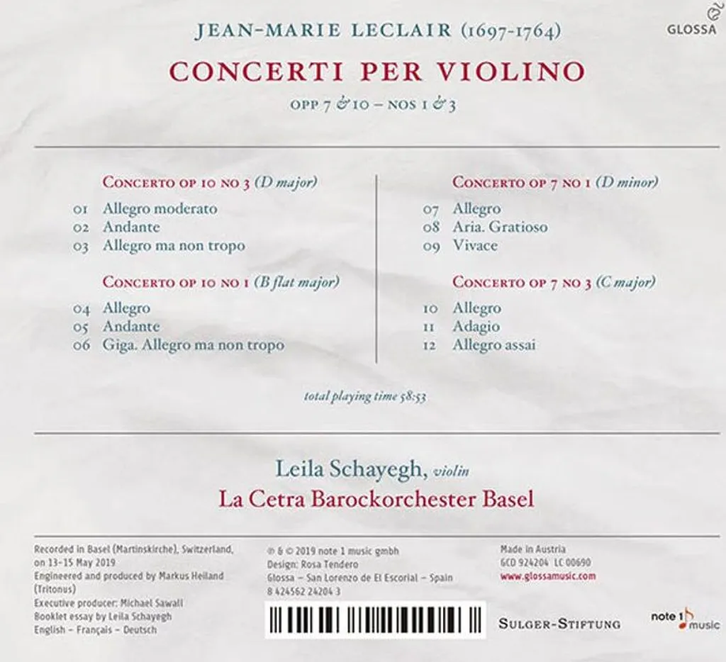 Interprétation Authentique : Concertos Leclair pour Violon Opp 7 10 - 2
