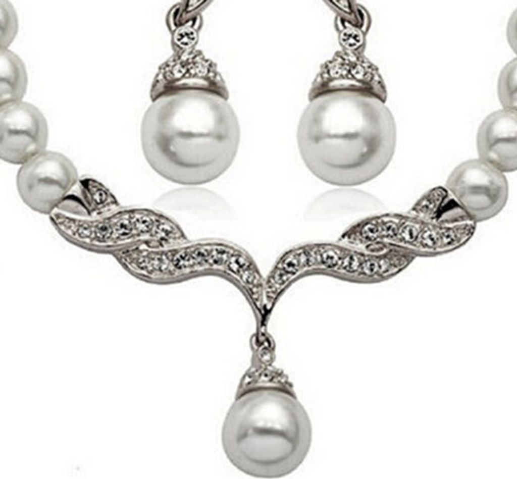 Braut Frauen Halskette Faux Perle Strass Charms Hochzeit Ohrringe Schmuck Set-Silber