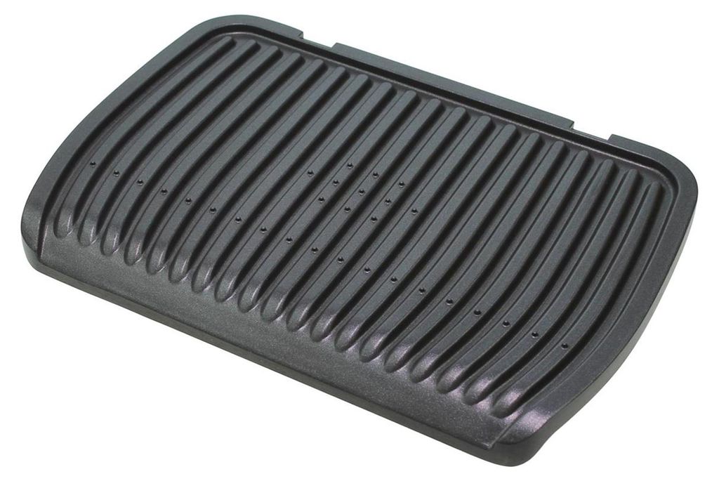 A black grill plate with raised ridges and small holes.