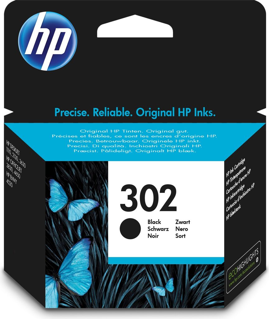 The image shows the packaging of an HP ink cartridge with butterflies on the front.