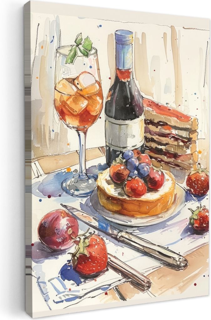 MuchoWow - Leinwandbilder - Dessert - Lebensmittel - Aquarellierte Illustration, Wandbild, Wanddeko Bilder Wohnzimmer, 20x30 cm