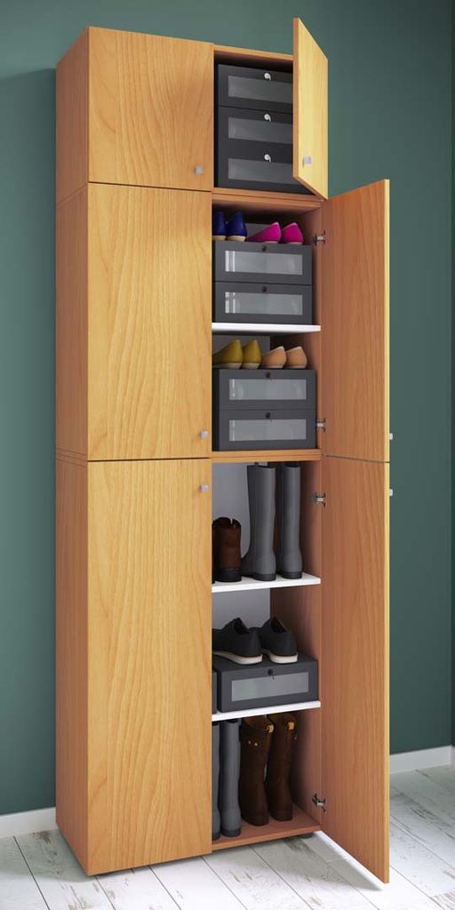 VCM Holz-Schuhschrank | Maße: H. 223 x B. 70 x T. 39 cm| Allzweckschrank | 5 Fächer | 4 Drehtüren | Aufsatz mit 2 Türen– Lona