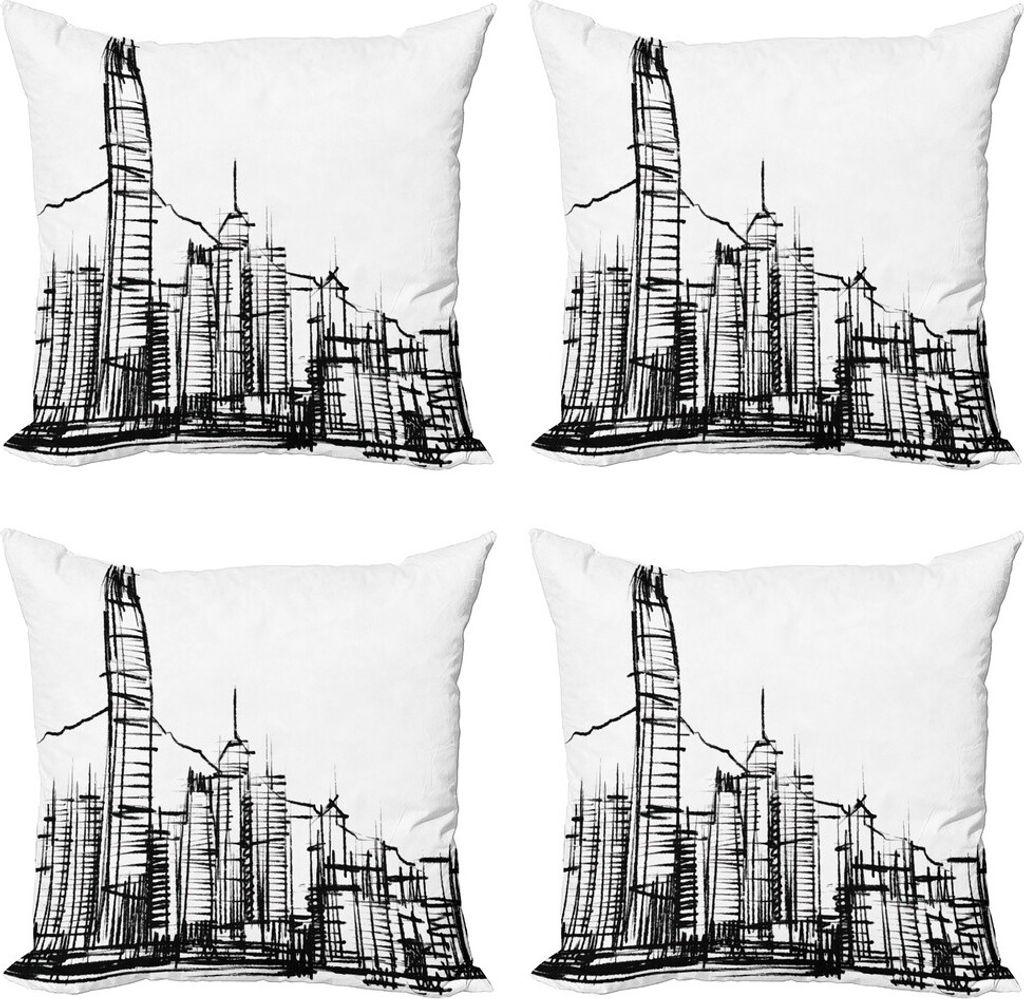 ABAKUHAUS Stadt Kissenbezug Set (4 Stück), Hong Kong Gebäude Skizze-Kunst, Moderner Doppelseitiger Digitaldruck, 50 cm x 50 cm, Charcoal Grau Weiß