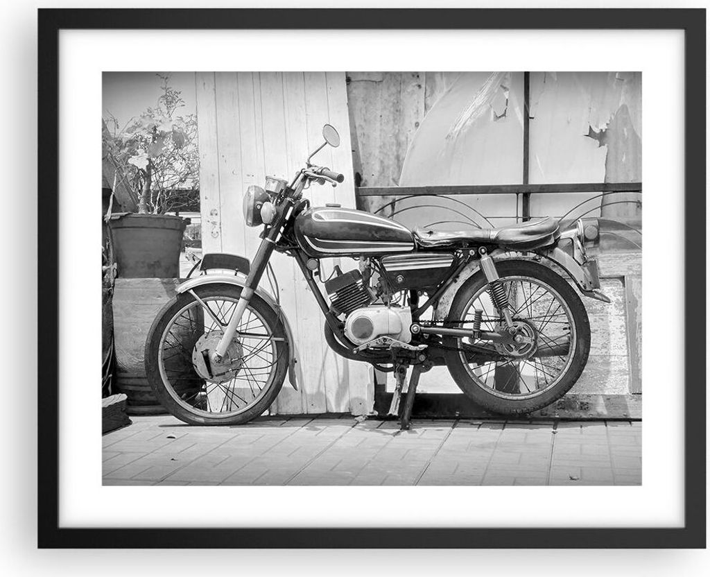 Gerahmtes Poster - Schwarzer Rahmen - Alt Motorrad Schwarz und Weiß - 50x40 cm - Wand Bild - Wanddeko - Wandbilder - Kunstposter - Wandposter - Bi...