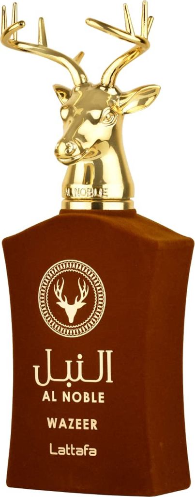 A bottle of perfume with a gold deer head cap.