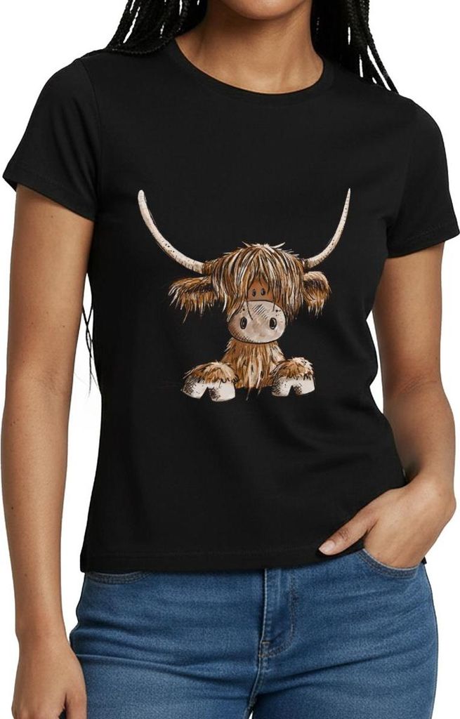 Spreadshirt Schottisches Hochlandrind Comic Frauen T-Shirt, L, Schwarz