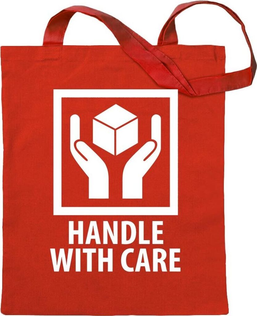 Kiwistar - Baumwolltasche - rot - Handle with Care Paket - Tragetasche Stoffbeutel Umhängetasche Langer Henkel