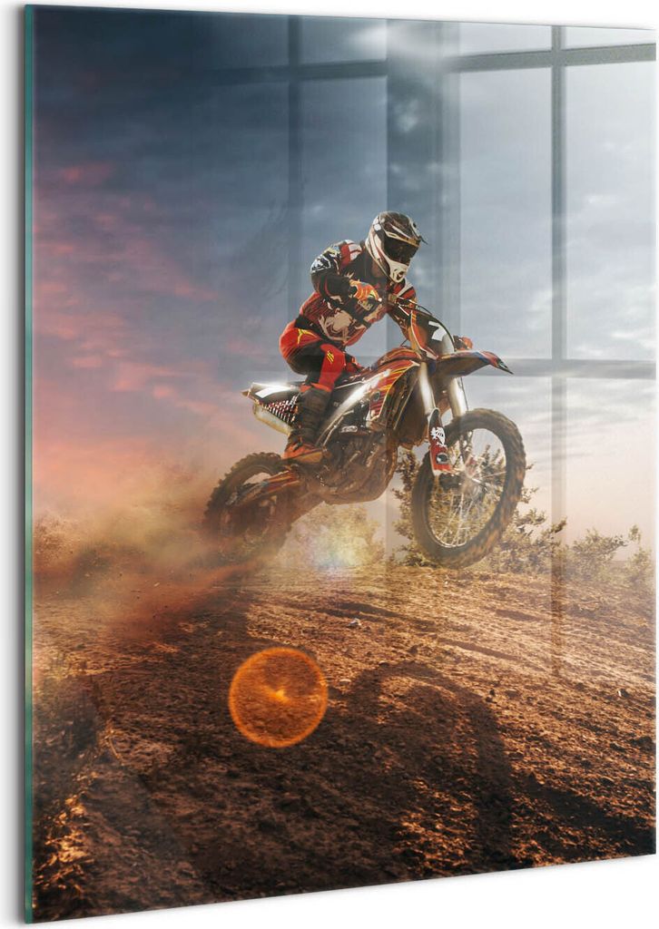 Designer Glasbild - Wandbild - Glas Bild - 60x80 cm - Ein Mann Auf Einem Motorrad Und Die Wüste