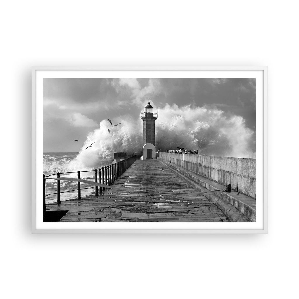 Gerahmtes Poster - Weißer Rahmen - Laterne Meer Portugal - 100x70 cm - Wand Bild - Wanddeko - Wandbilder - Kunstposter - Wandposter - Bilderrahmen...