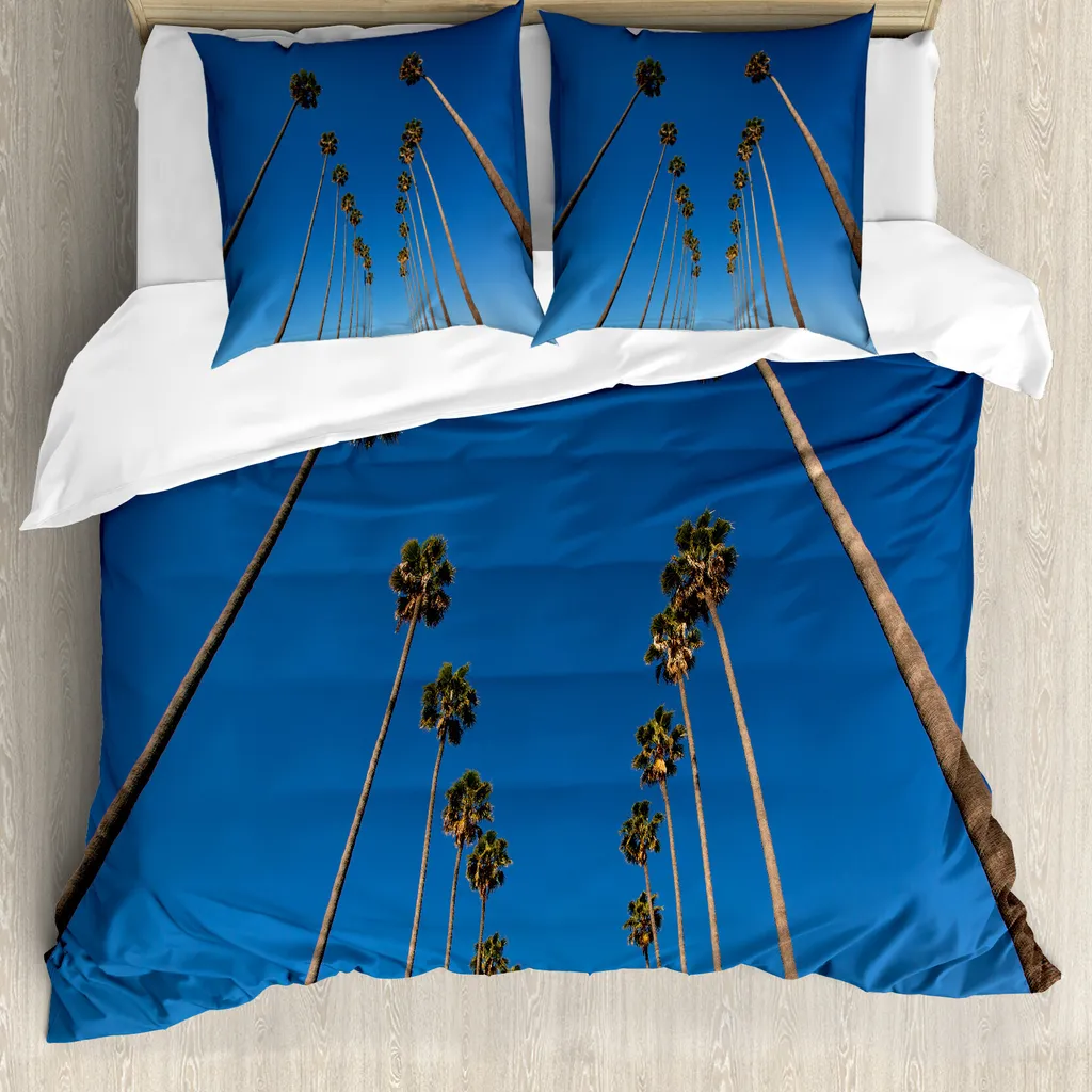 ABAKUHAUS Copripiumino Palme, Palms Sommer, antiacaro, adatto a chi soffre di allergie, con federe, 200 cm x 200 cm - 80 x 80 cm, verde blu
