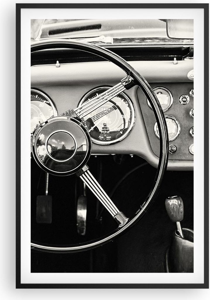 Gerahmtes Poster - Schwarzer Rahmen - Lenkrad Auto Vintage - 61x91,5 cm - Wand Bild - Wanddeko - Wandbilder - Kunstposter - Wandposter - Bilderrahm...