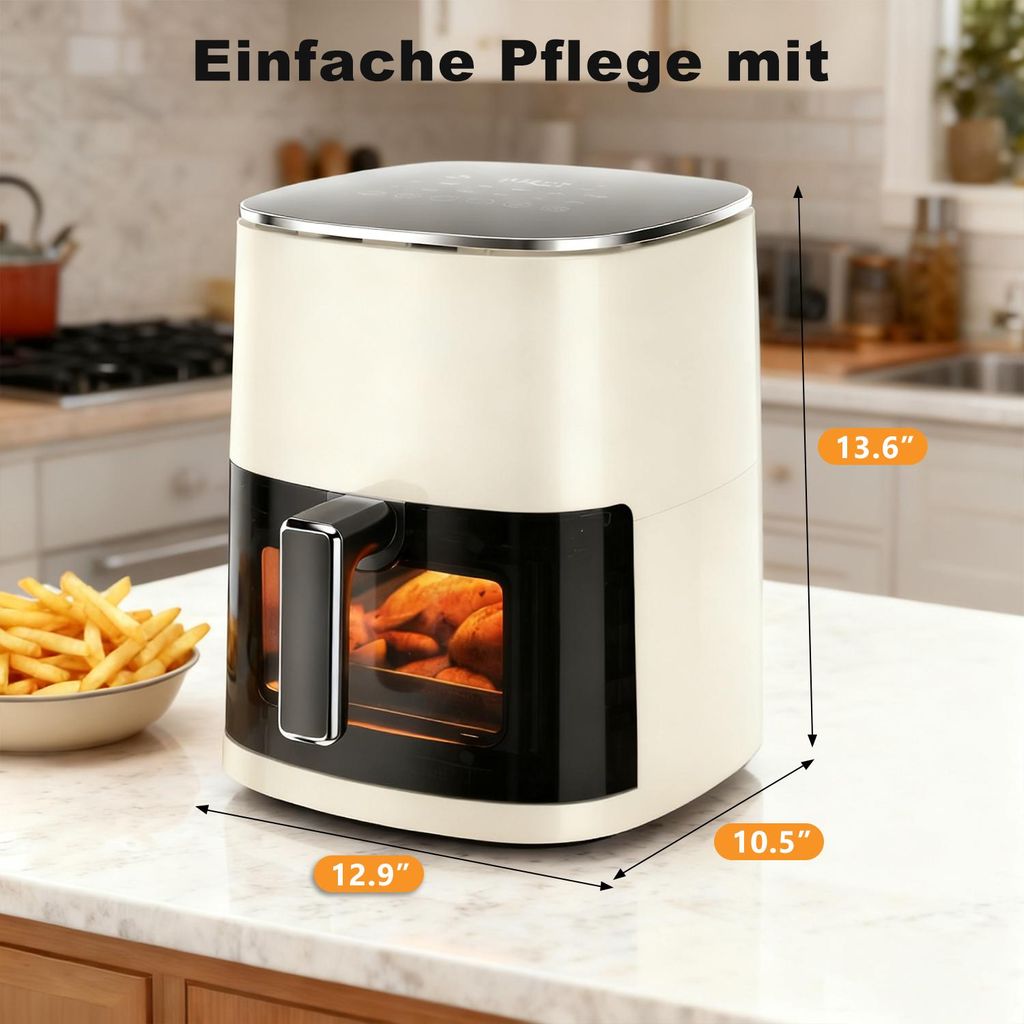 Heißluftfritteuse, 6,34 Liter Fassungsvermögen, Sichtfenster, Touchpanel, 12 Kochfunktionen, leicht zu reinigen.